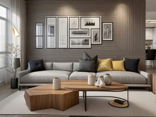home interior design modern living room with corner sofa, pillows, blankets. flower vase, coffee table, Generative ai