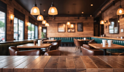 AI generated illustration of an empty restaurant with wood walls - obrazy, fototapety, plakaty