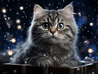 Graue Katze Katzenjunges als Weihnachsgeschenk Tiergeschenk vor silber glitzerndem Hintergrund