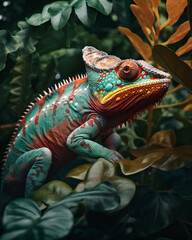 Fototapeta premium A captivating shot of a pet chameleon, blending seamlessly into a vibrant, tropical backdrop of exotic plants. Showcase the reptile's color-changing abilities and the enchanting harmony with its surro