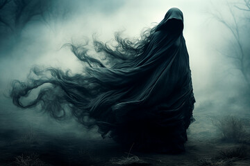 woman wearing a hooded cape, long flowing black cloak, and black hair in an - obrazy, fototapety, plakaty