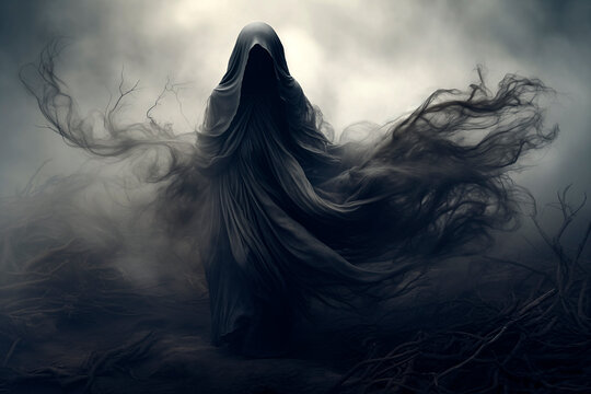 AI generated illustration of a mysterious hooded figure shrouded in a mysterious mist