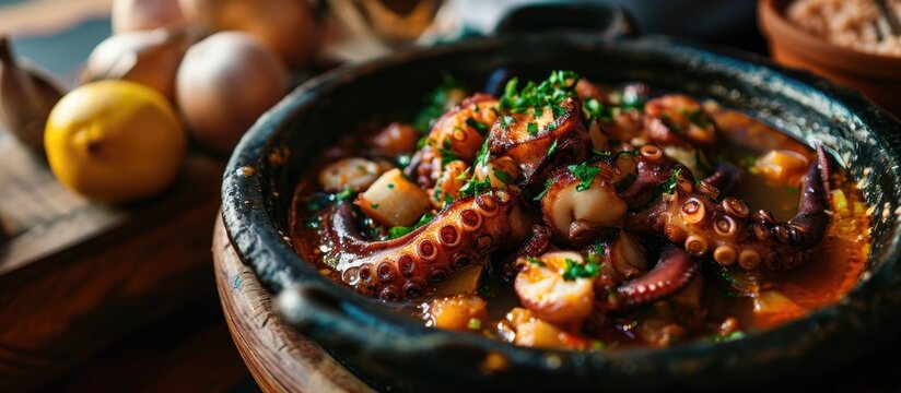 Spanish onion soup with baby octopuses, a traditional dish.