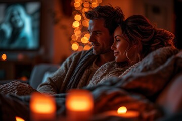 AI generated illustration of a romantic couple sitting in a cozy dimly lit room with a blanket