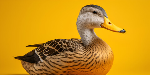 A duck with a black beak and white markings on its face, A duck with a yellow beak is standing   yellow background, generative AI