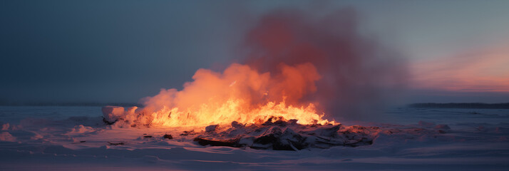Flames rising from snow at dusk