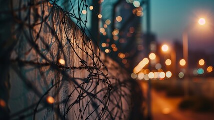 Barbed wire. Steel fencing wire constructed with sharp edges or points arranged at intervals along the strands. Prison barb wire - obrazy, fototapety, plakaty