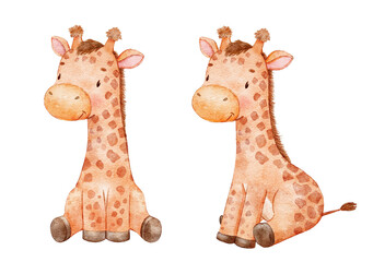 Cute sitting baby giraffe in different poses. Drawing wild animal isolated on white background. Watercolor jungle illustration for kids poster and card.