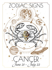 Vector illustration of zodiac signs. Cancer in white and gold colors in engraving style