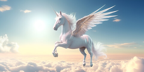 Fable Mount Magic Photo Background, A unicorn with wings that says'wings'on it, Pegasus with pink wings flies among the clouds generative ai

