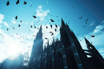 A majestic cathedral silhouette against a bright blue sky with birds soaring in the background