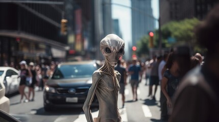 AI generated illustration of a young alien in a bustling urban environment