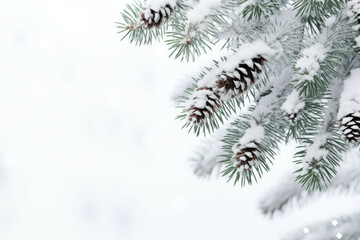 A snow-covered Christmas tree branch with pine needles and small pinecones against a plain white background