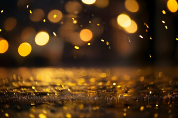 Fototapeta na wymiar Golden bokeh, raining light, blurry lights, blurry background, gold confettis, yellow and orange, night lights, city lights, haze, depth of field
