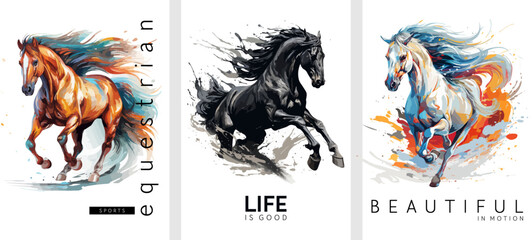 Hand drawn set of posters dedicated to horses and equestrian sports. Vectorized gouache illustrations. Abstract for advertising, prints, banners, posters, postcards and other materials - obrazy, fototapety, plakaty