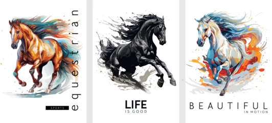 Fotobehang Hand drawn set of posters dedicated to horses and equestrian sports. Vectorized gouache illustrations. Abstract for advertising, prints, banners, posters, postcards and other materials © Nadin_Koryukova