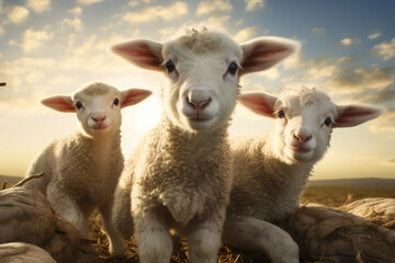 Two small lambs and a large sheep looking up at the camera, their eyes filled with wonder and trust