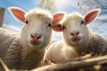 Fototapeta premium Two fluffy white sheep and lambs looking up at the camera, their eyes filled with curiosity and innocence