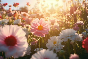 A field of pastel-colored blooming flowers in a garden, with the sun shining through the petals and leaves creating a dreamy atmosphere