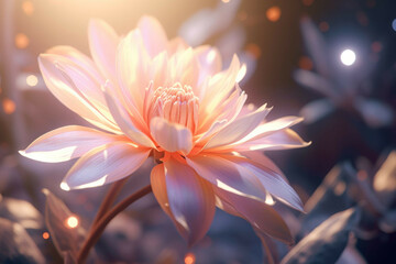 A close-up of a single pastel-colored flower, with its petals and leaves illuminated by the sun, creating a magical and surreal atmosphere