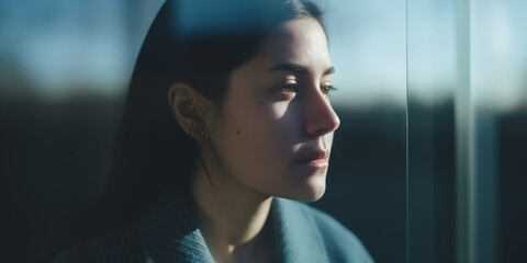 Woman in sharp profile, her face illuminated by natural light against a blurred background