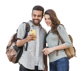Beautiful happy young couple using smartphone isolated transparent PNG. Joyful smiling woman and man looking at mobile phone. Love, travel, tourism, students lifestyle concept