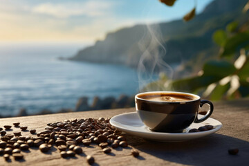 Espresso Coffee Cup with Beans on a Vintage Table with a View of a Beach - obrazy, fototapety, plakaty