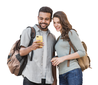 Beautiful happy young couple using smartphone isolated transparent PNG. Joyful smiling woman and man looking at mobile phone. Love, travel, tourism, students lifestyle concept - Powered by Adobe