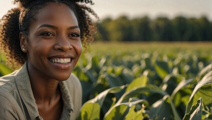 Happy black woman in cornfield, outdoor agricultural setting, green leaves, sunlight, cheerful expression, farming lifestyle.