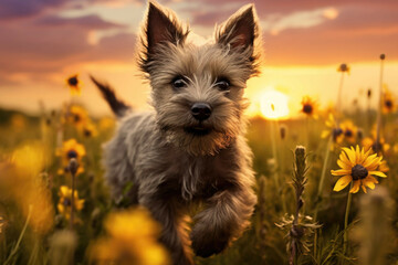 Cairn Terrier Puppy Running Towards the Camera in a Field of Wildflowers