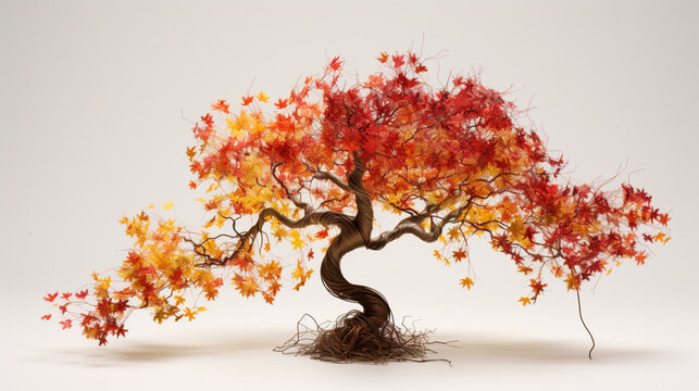 An image of a wire sculpture of a tree in autumn, with leaves in hues of red, yellow, and brown wires.