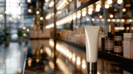 Exclusive cosmetics boutique, cream tube on chic counter