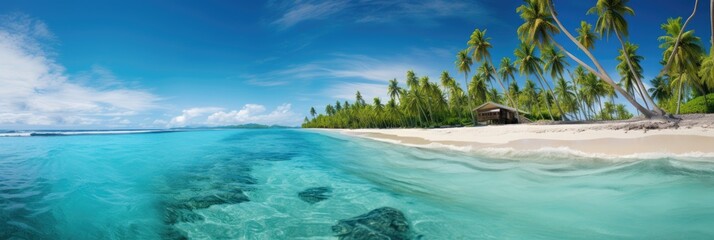 A panoramic view of a tropical beach with turquoise waters and palm trees 