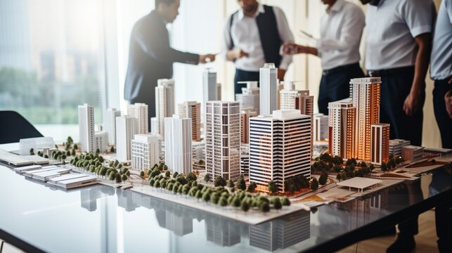 Business professionals discussing urban development project