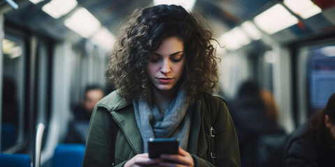 girl looking at smartphone in subway car Generative AI - obrazy, fototapety, plakaty