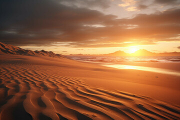 Fototapeta na wymiar a beach with sand dunes stretching out into the horizon, with the sun setting in the background