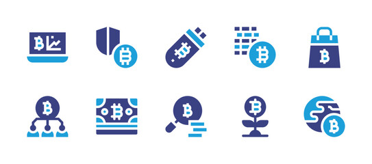 Bitcoin icon set. Duotone color. Vector illustration. Containing bitcoins, growth, bill, shopping, usb flash drive, analysis, global, search, team, security.