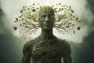 A visual metaphor of a person as a tree, with microbes forming the branches and leaves. - obrazy, fototapety, plakaty