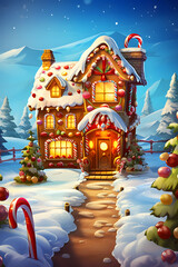 Gingerbread House Wonderland: Snowy Scene with Twinkling Lights