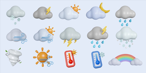 3D Weather set emoji icon. Cloud with sun, crescent moon, lightning, rain, wind and snow. Cartoon creative design icon isolated on blue background.3d rendering illustration. Clipping path.