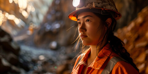 miner worker female at the mine close-up portrait Generative AI