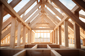 Wooden trusses of unfinished house - obrazy, fototapety, plakaty