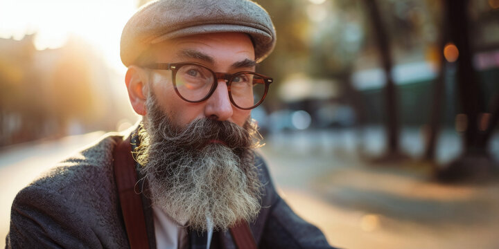 man with a beard and glasses on a bicycle in the city Generative AI