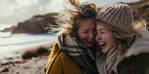 two women hugging on the seashore Generative AI - obrazy, fototapety, plakaty