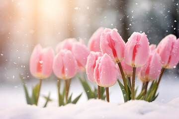 Beautiful pink tulip spring flowers blooming between snow during late winter or early spring
