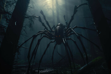 Giant spider weaving web in forest - obrazy, fototapety, plakaty