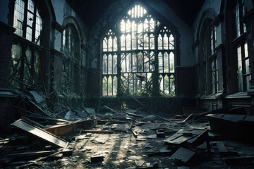 Spooky abandoned school with broken windows - obrazy, fototapety, plakaty