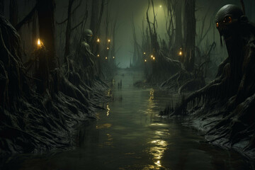 Ominous swamp with glowing eyes - obrazy, fototapety, plakaty