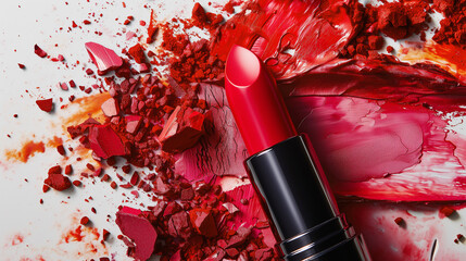 Bold lipstick on smeared red, striking beauty detail - obrazy, fototapety, plakaty