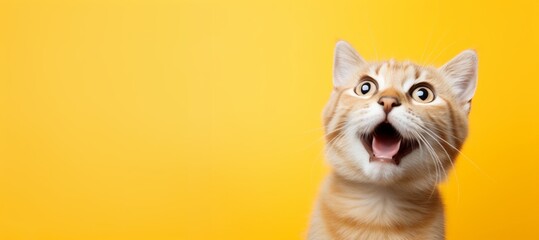 Obraz premium Portrait of a cheerful cat on a yellow background with copy space